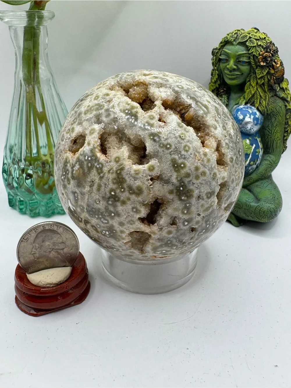 Natural Green-White ocean jasperGeode Sphere - Decorative Reptile Habitat Accent